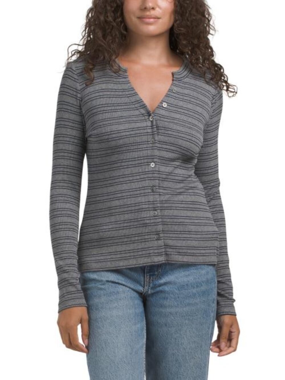 ELIE TAHARI Pima Cotton Blend Long Sleeve Split Neck Striped Button Down Top